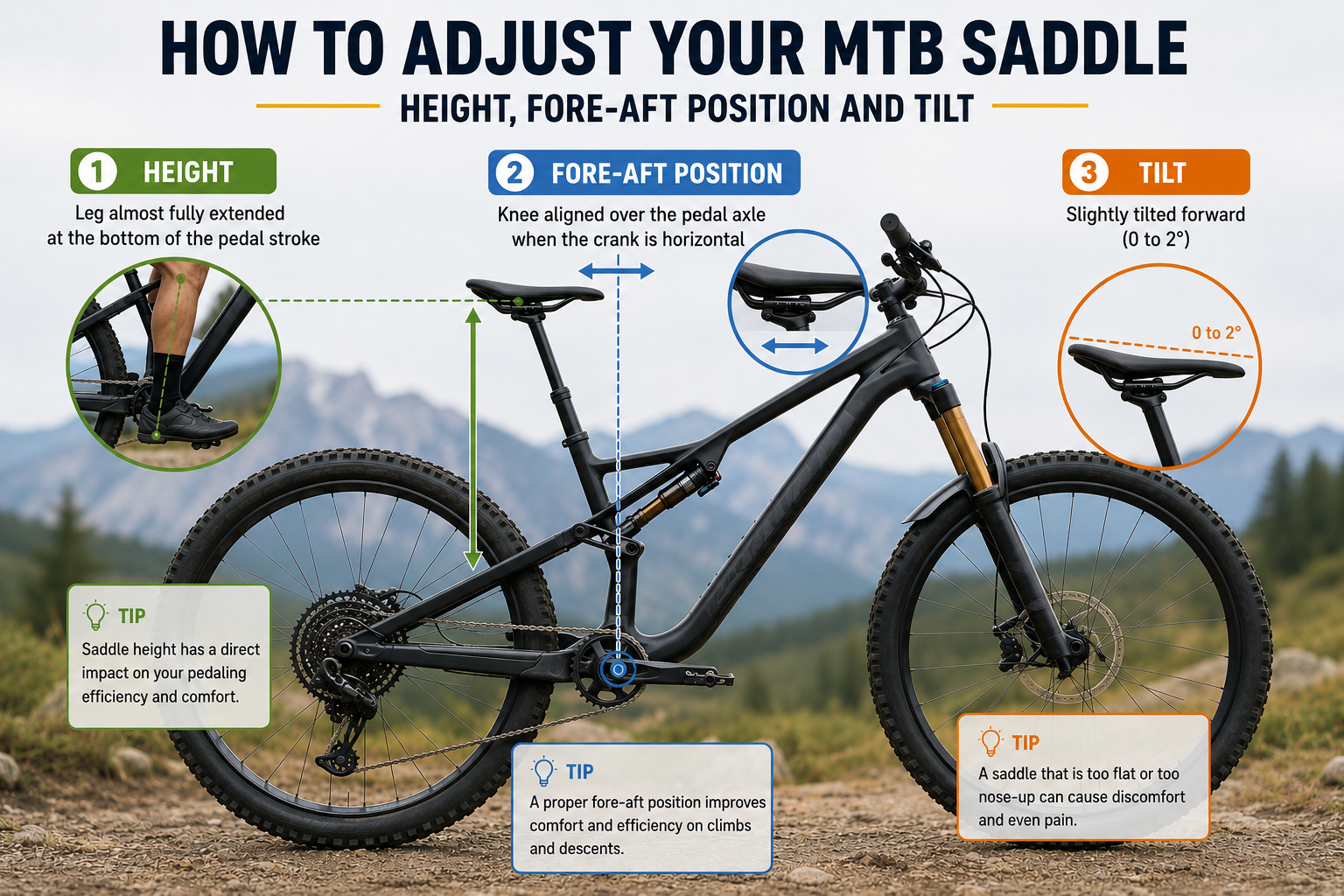 Diagram of MTB saddle setup: height, setback and tilt