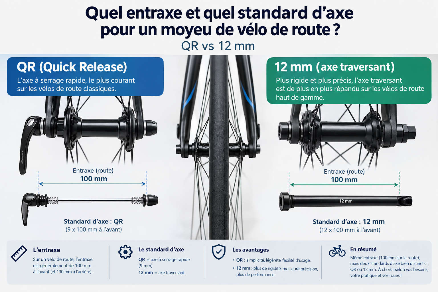 Comparatif blocage rapide et axe traversant sur un moyeu de vélo de route