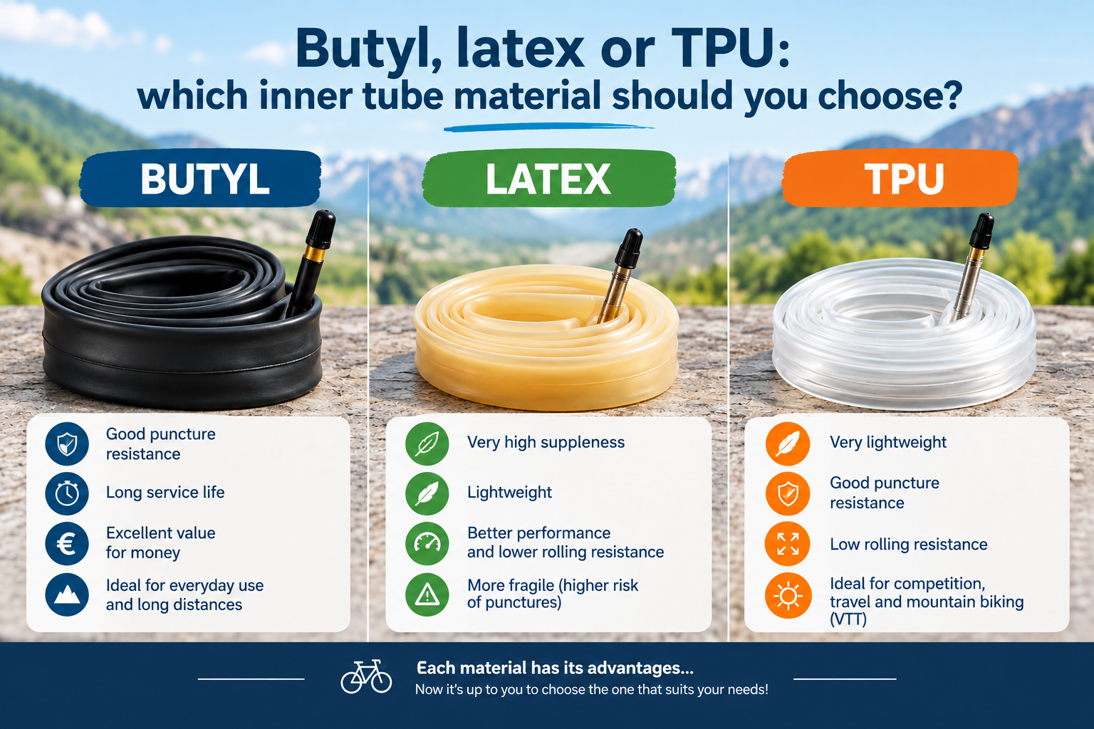 Comparison of butyl, latex and TPU inner tubes for road bikes