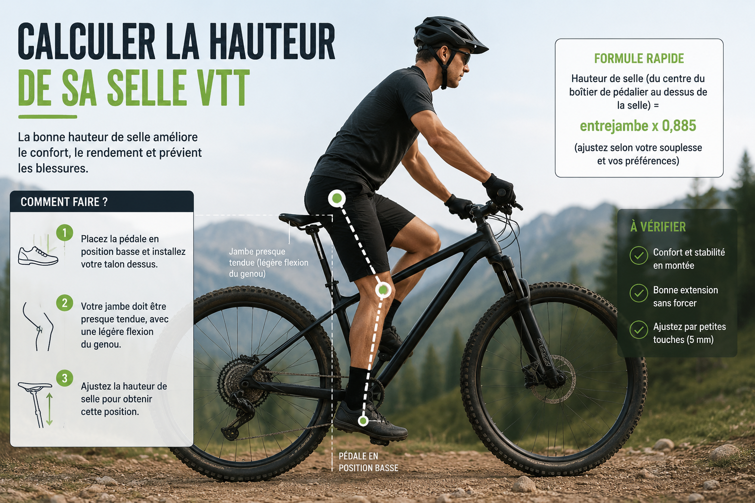 Schéma de réglage de selle VTT : hauteur, recul et inclinaison