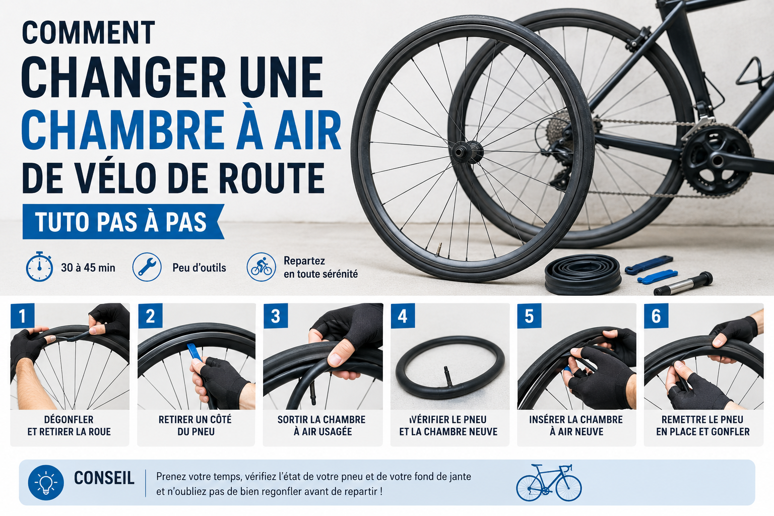 Démontage d'un pneu de vélo de route avec un démonte-pneu pour changer la chambre à air