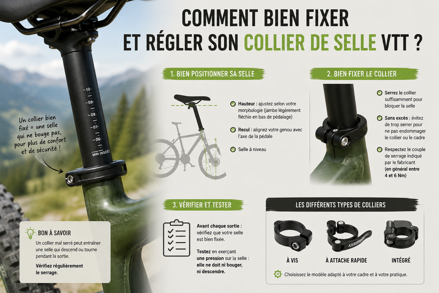 Collier de serrage de tige de selle VTT positionné sur le cadre