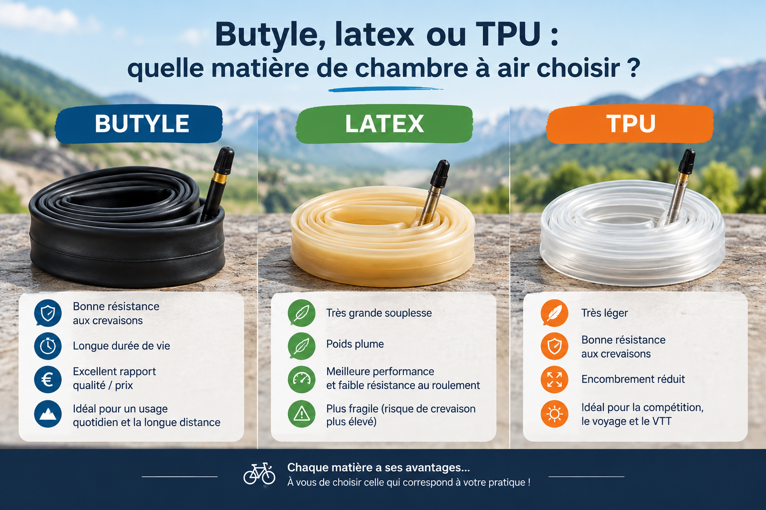Comparatif chambre à air butyle, latex et TPU pour vélo de route