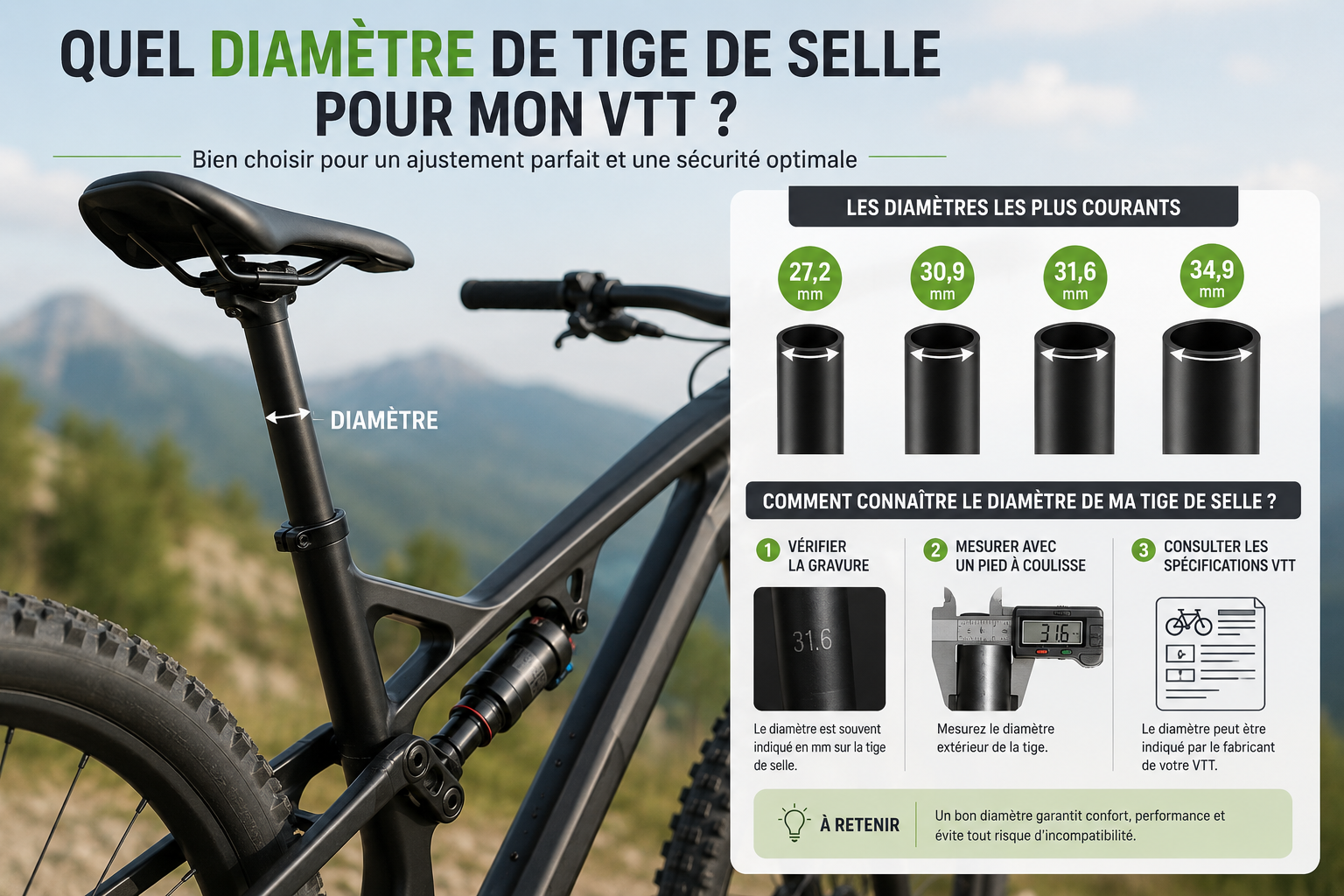 Mesure du diamètre d'un tube de selle de VTT au pied à coulisse