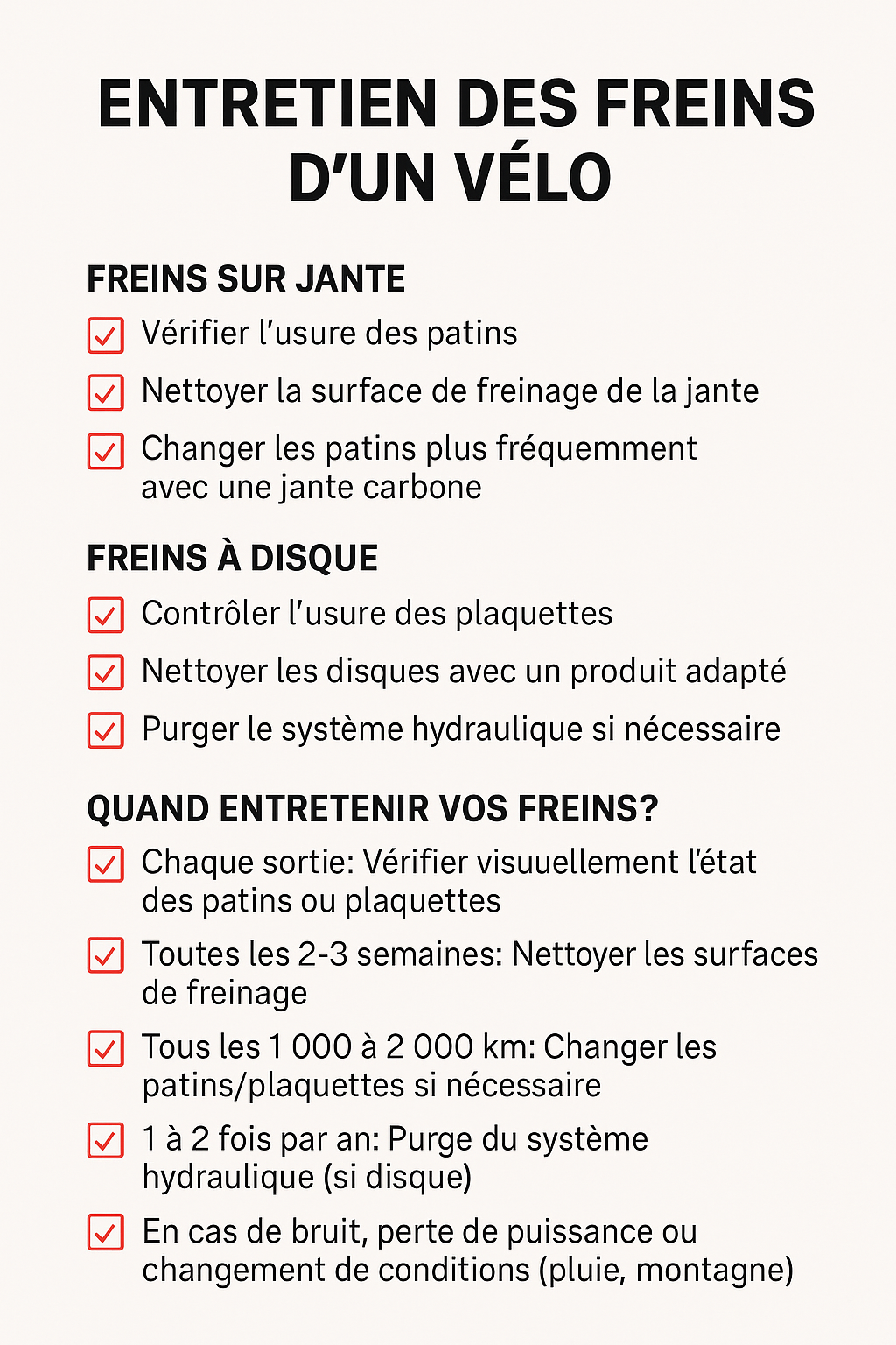 entretien frein velo route