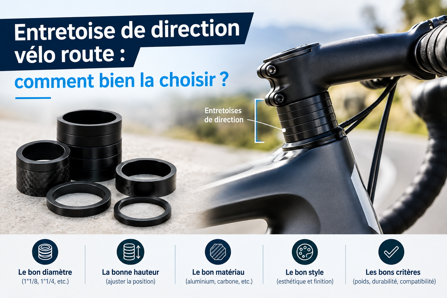 Entretoise de direction vélo route carbone et aluminium