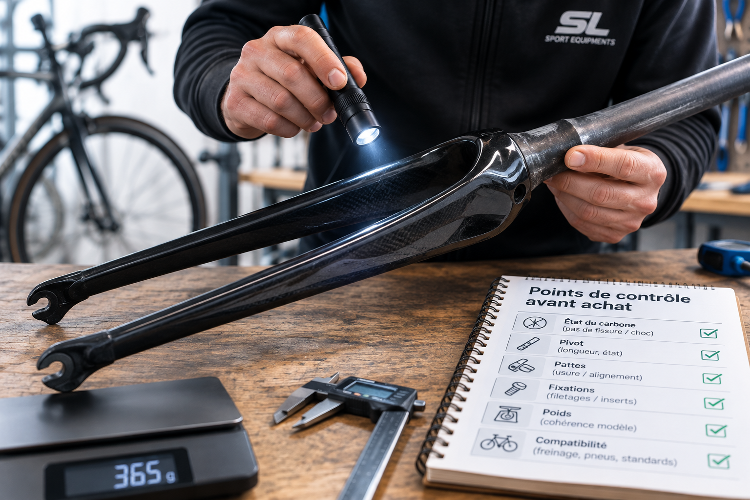Fourche vélo route occasion contrôle qualité état