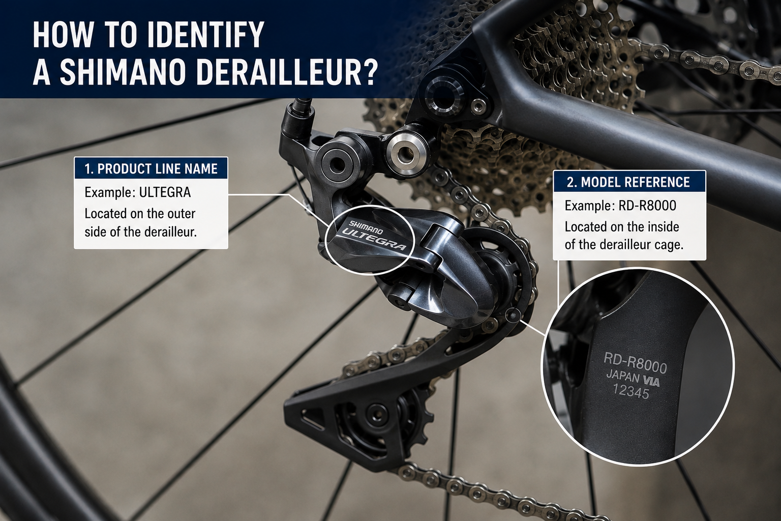 Where to find the model number on a Shimano derailleur