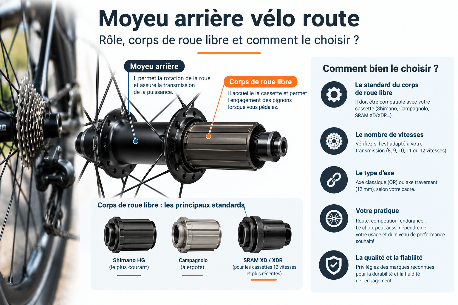 Moyeu arrière de vélo de route démonté avec corps de roue libre visible