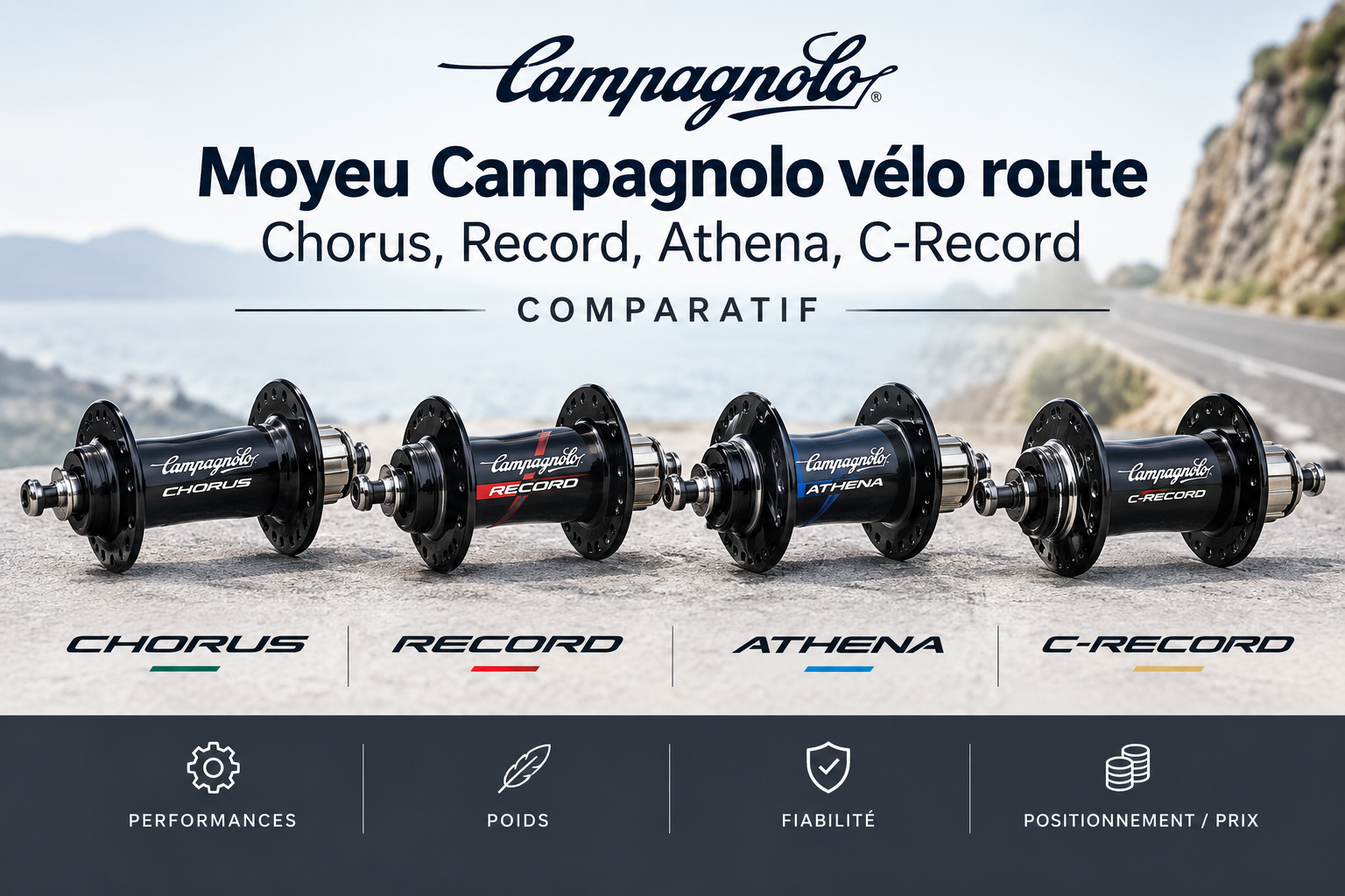 Moyeu Campagnolo vélo route, gammes Chorus, Record et C-Record vintage