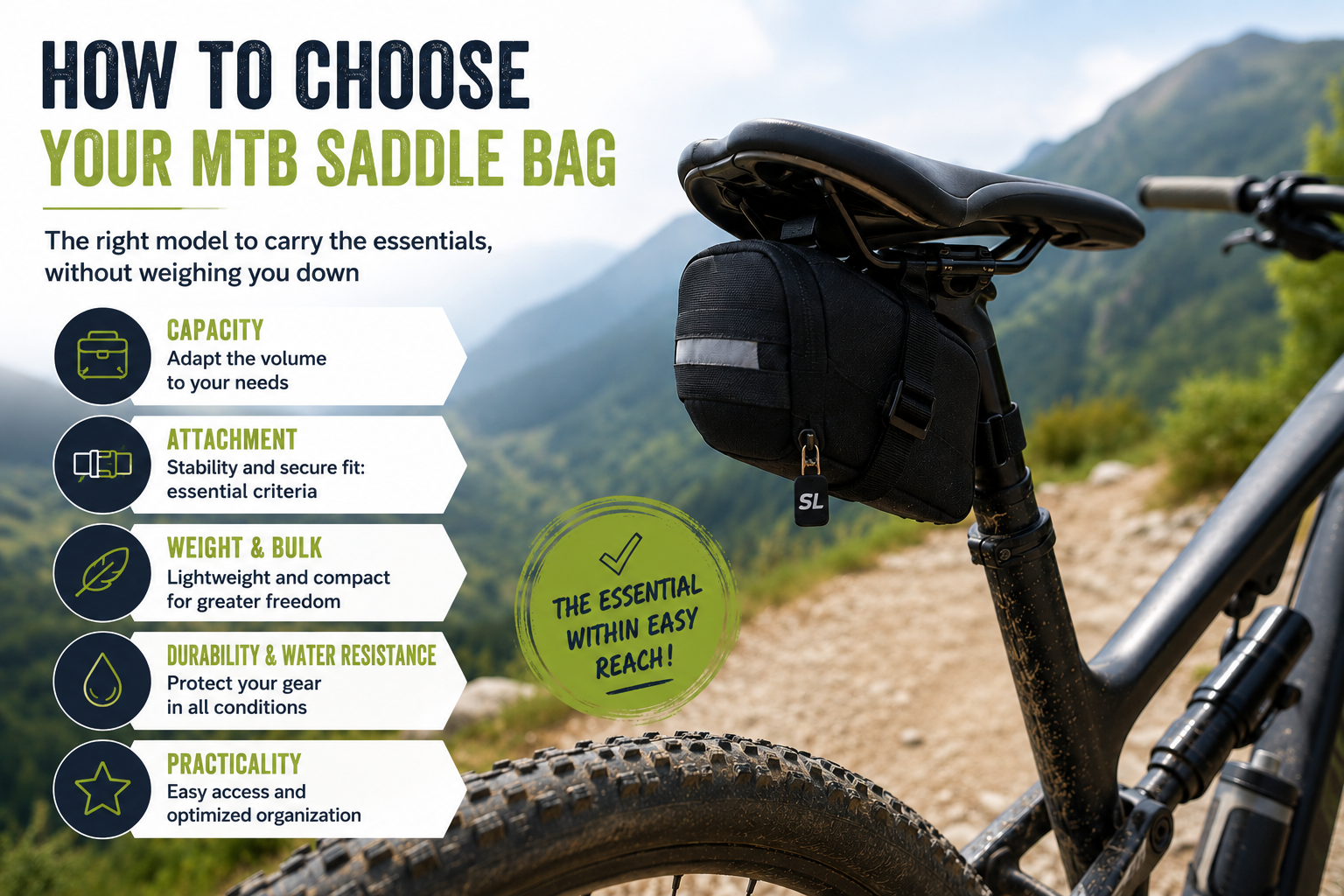 MTB saddle bag mounted under the saddle with a repair kit
