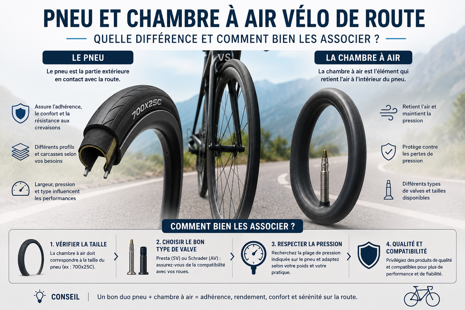 Pneu et chambre à air vélo de route montés sur jante
