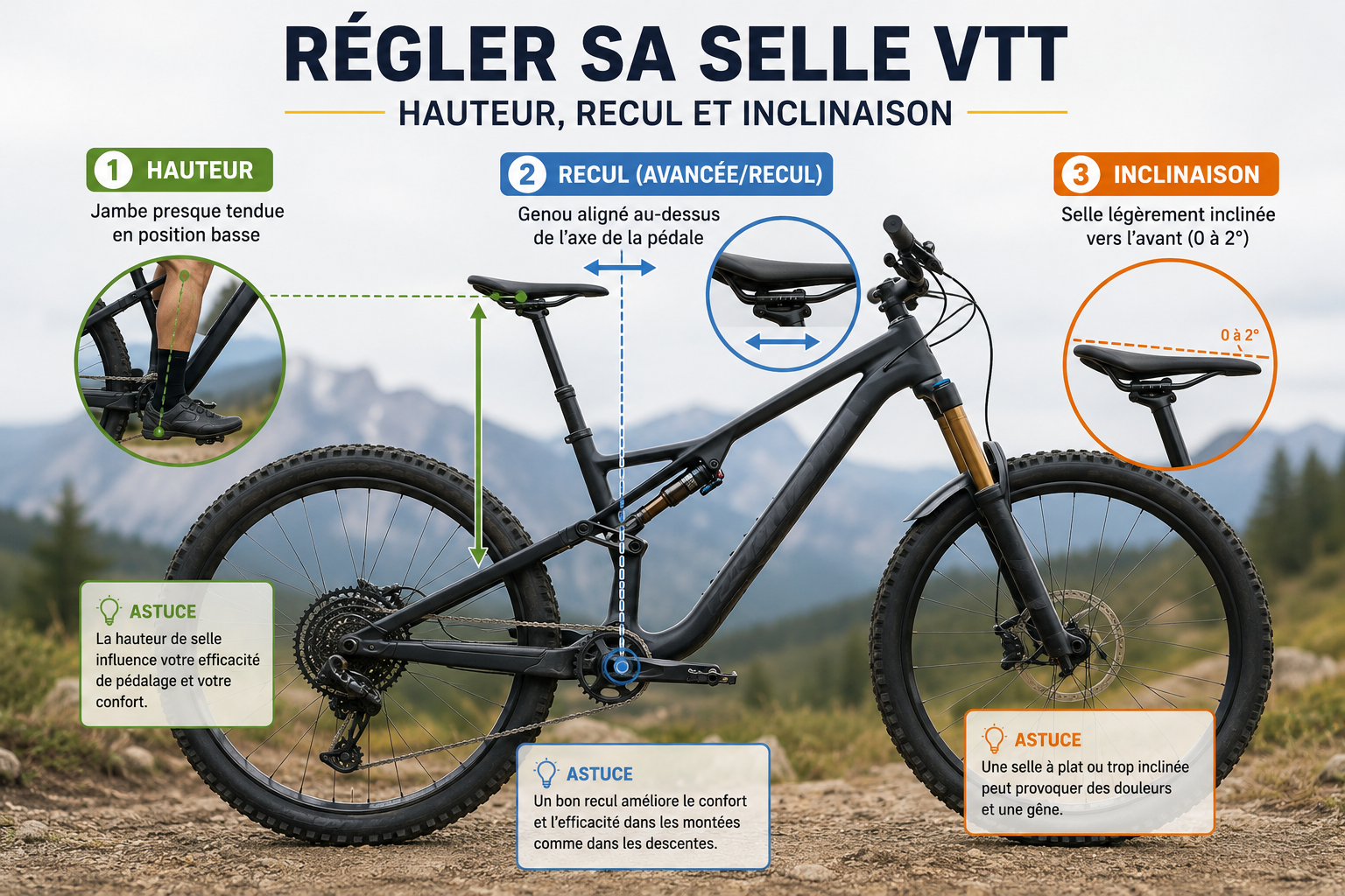 Schéma de réglage de selle VTT : hauteur, recul et inclinaison