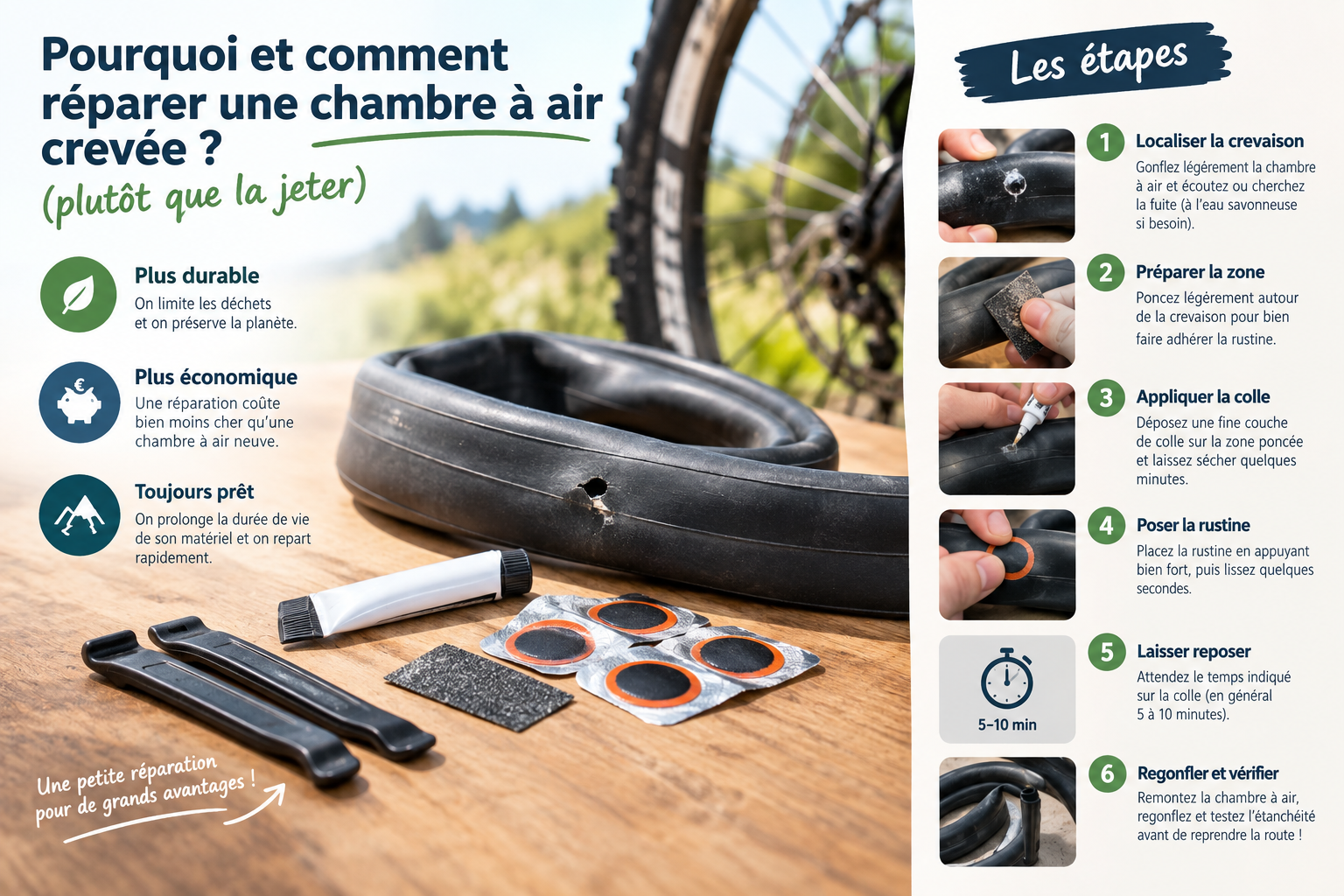 Application d'une rustine sur une chambre à air de vélo de route
