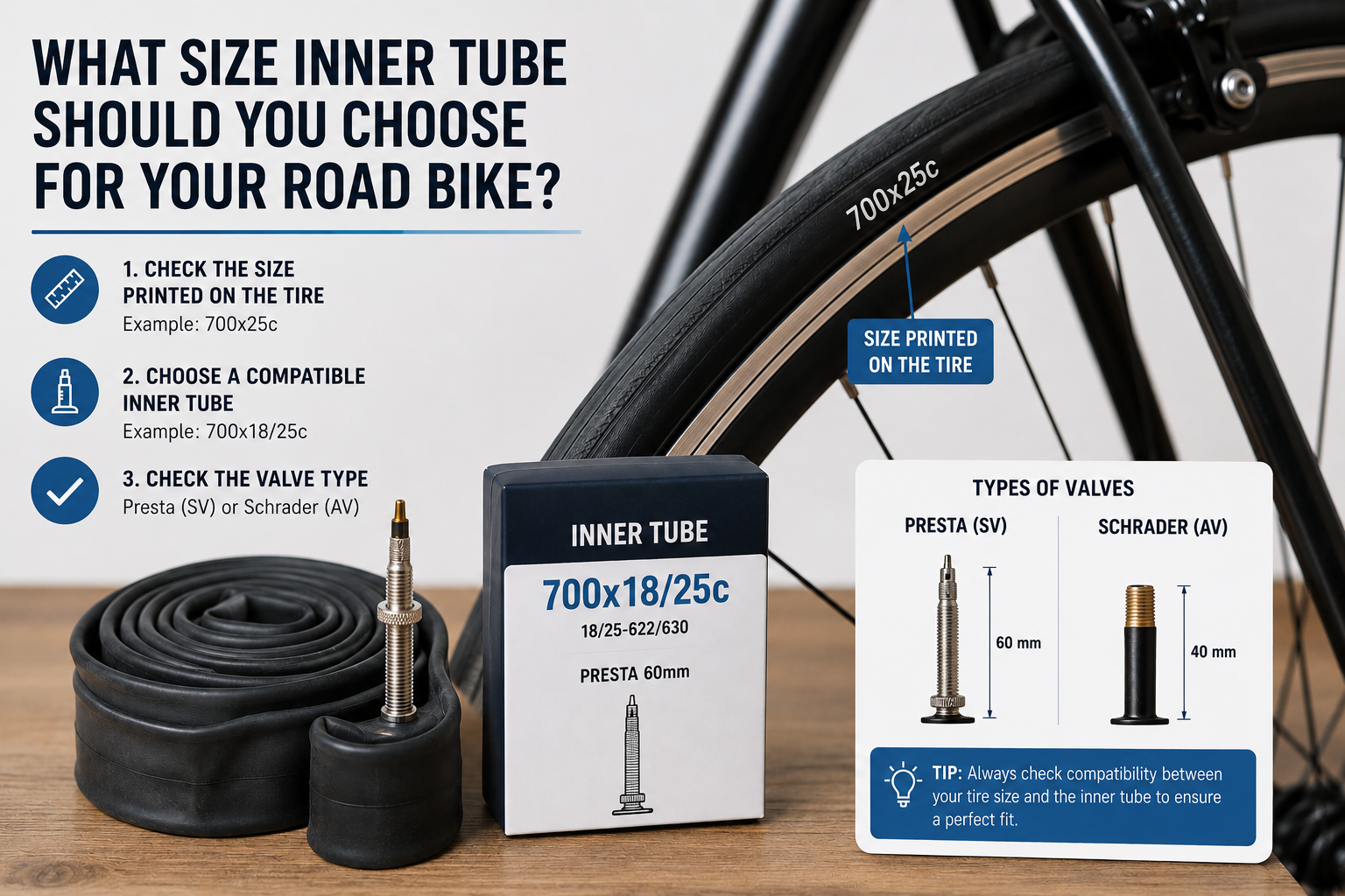 Size marking on a road bike tyre