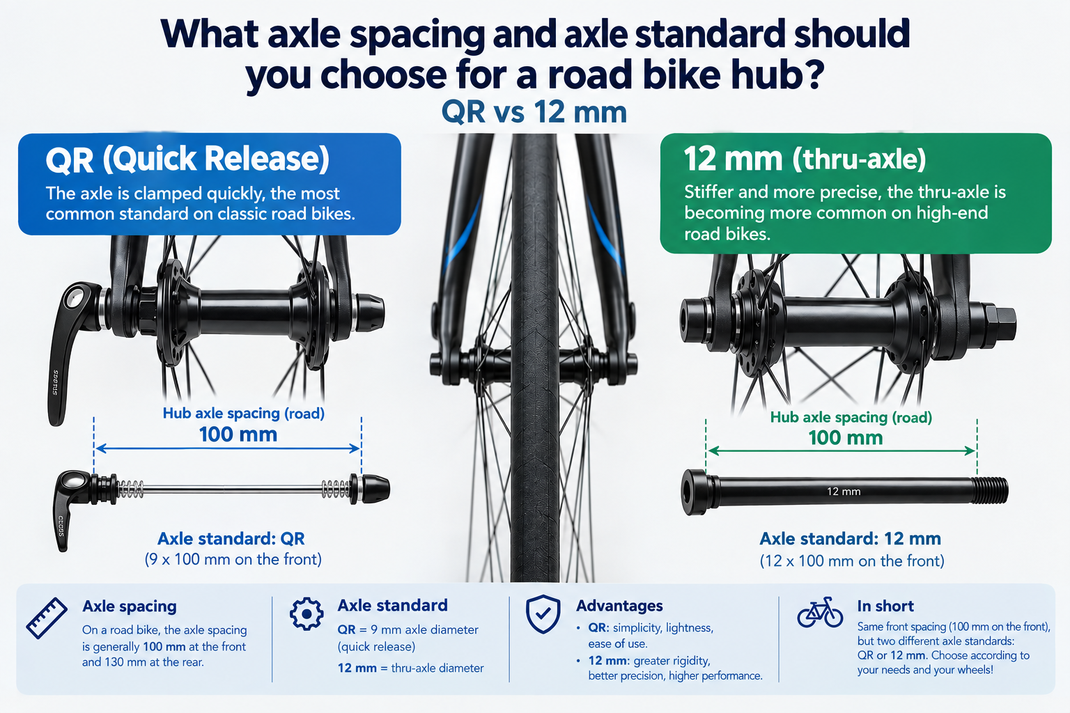 Comparison of quick release and thru-axle on a road bike hub