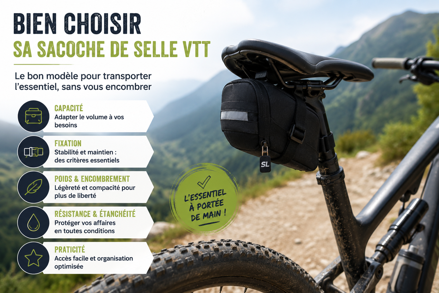 Sacoche de selle VTT fixée sous la selle avec kit de réparation