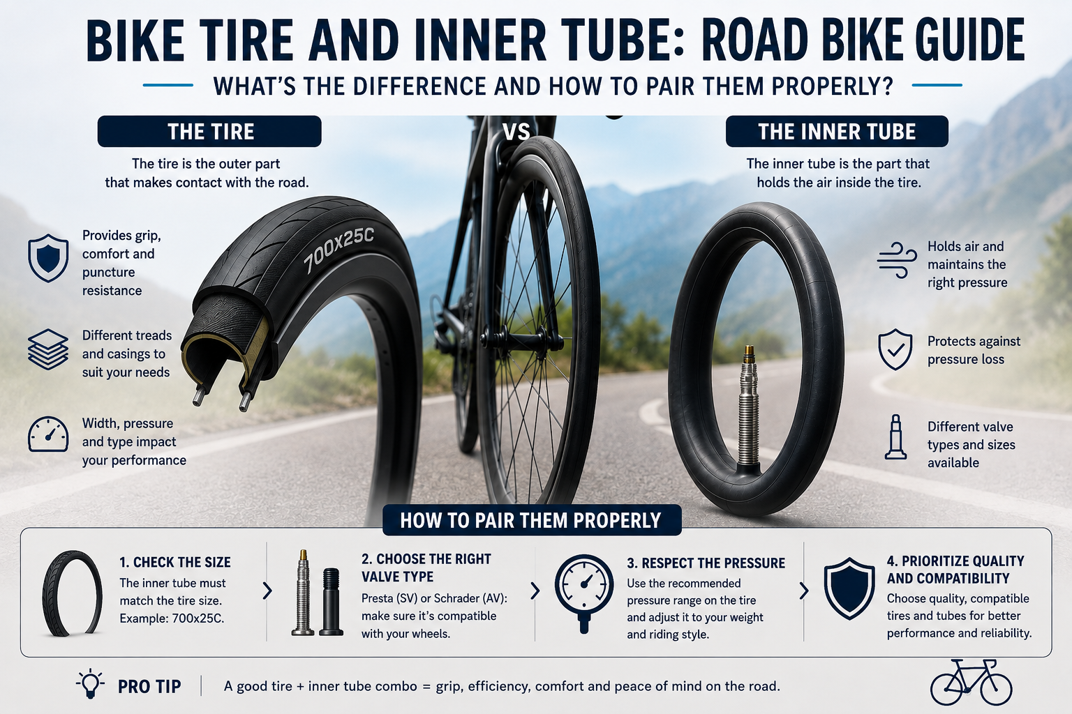 Tyre and inner tube fitted on a road bike wheel